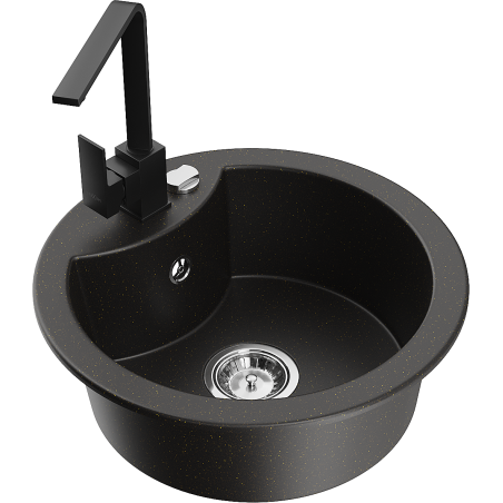 Mexen Diego granitinė vienos kameros plautuvė su virtuviniu maišytuvu Rita, juoda/auksinė metalo spalva - 6512-75-670300-70