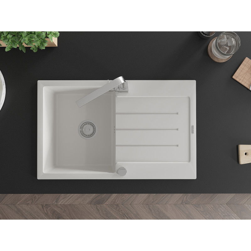 Mexen Bruno granito plautuvė su vienu dubeniu ir nusausinimo skyriumi bei virtuviniu čiaupu Rita, balta - 6513-20-670300-00