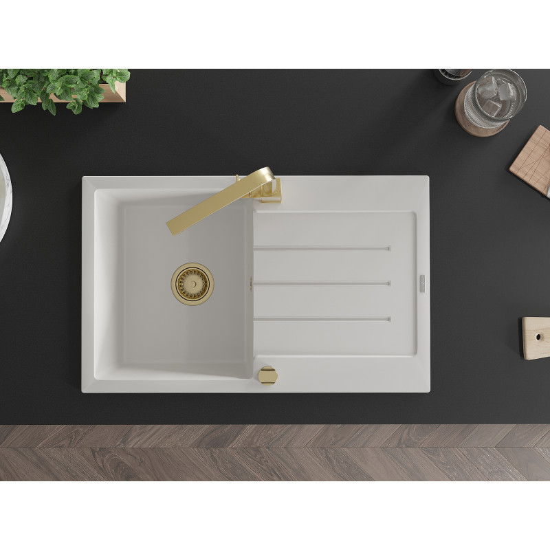 Mexen Bruno granitinis plautuvės komplektas su nuvarvėjimu ir Ritos virtuvės maišytuvu, baltas - 6513-20-670300-50