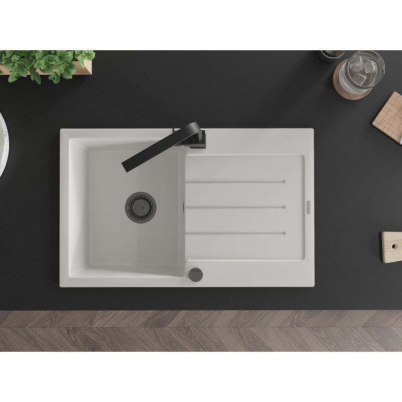 Mexen Bruno granitinis virtuvės kriauklė 1 skyrelio su nutekamu ir virtuviniu maišytuvu Rita, baltas - 6513-20-670300-70