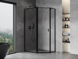 Mexen Mist asimetriška penkiakampė dušo kabina, atveriama į kairę, 90 x 80 cm, juodas rėmas, juoda - 8A8-090-080-70-70-L