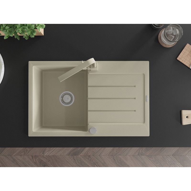 Mexen Bruno granito vienos kameros plautuvė su lašintuvu ir virtuvės maišytuvu Rita, smėlio spalvos - 6513-69-670300-69