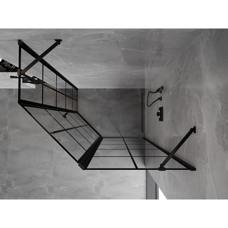 Mexen Mist asimetriška penkiakampė dušo kabina su dešininiu vartomu mechanizmu 90 x 80 cm, juodas tinklelis, juoda