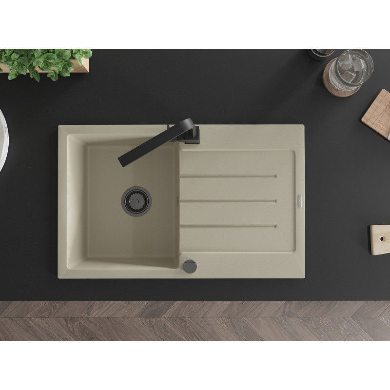 Mexen Bruno granitinis vienos kameros plautuvė su nutekėjimo skyriumi ir virtuviniu maišytuvu Rita, smėlio - 6513-69-670300-70