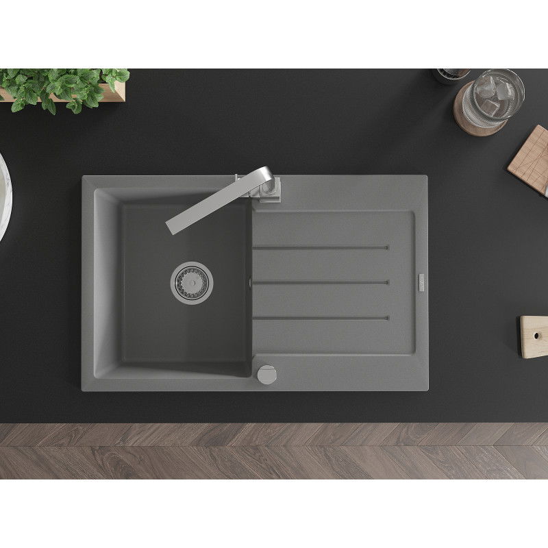 Mexen Bruno granitinis plautuvė vienos sekcijos su nusausintuvu ir virtuviniu maišytuvu Rita, pilka - 6513-71-670300-00