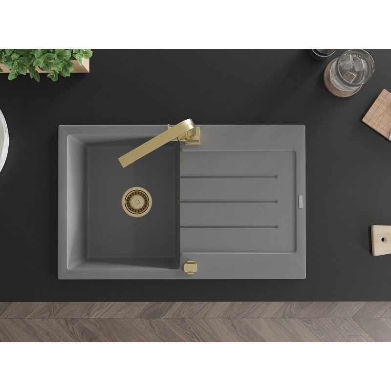 Mexen Bruno granitinis vienos kameros plautuvas su nutekėjimu ir virtuviniu maišytuvu Rita, pilkas - 6513-71-670300-50