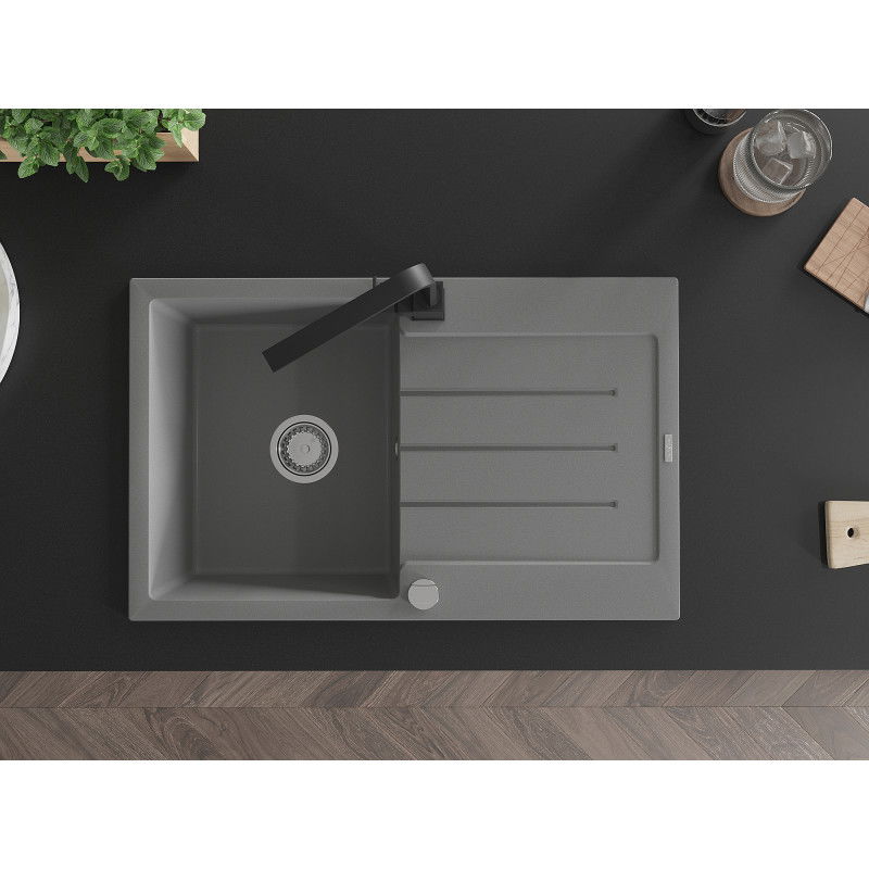 Mexen Bruno vienos dubens granito plautuvė su nutekėjimu ir virtuviniu maišytuvu Rita, pilka - 6513-71-670300-70