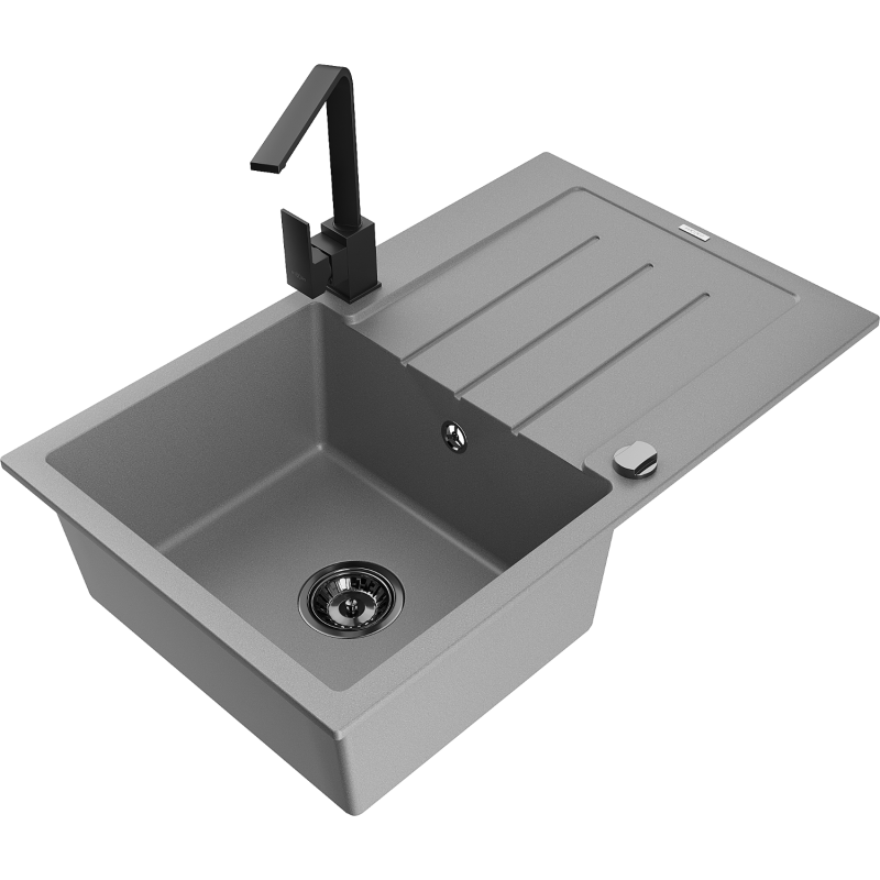 Mexen Bruno granitinė vieno dubens kriauklė su nutekamu padėklu ir virtuviniu maišytuvu Rita, pilka - 6513-71-670300-70-B