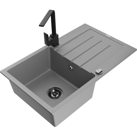 Mexen Bruno granitinė vieno dubens kriauklė su nutekamu padėklu ir virtuviniu maišytuvu Rita, pilka - 6513-71-670300-70-B