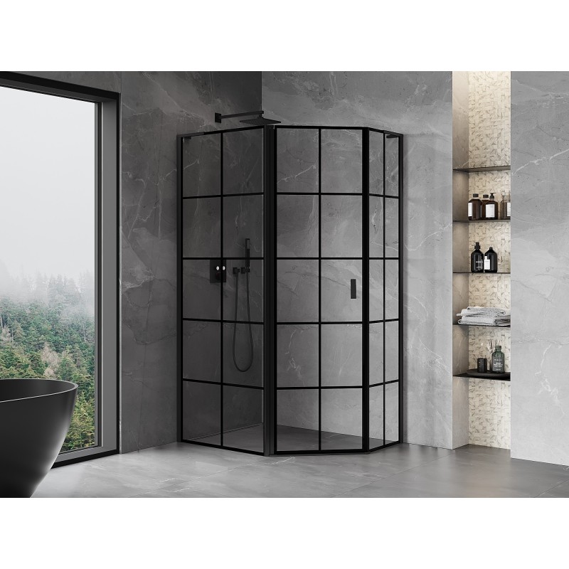 Mexen Mist L penkiakampė asimetrinė dušo kabina su kairinėmis vyriais 100 x 80 cm, juodas tinklelis, juoda