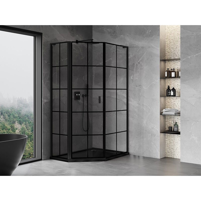Mexen Mist L penkiakampė asimetrinė kairioji dušo kabina 80 x 90 cm, juodas tinklelis, juoda - 8A8L-080-090-70-77-L