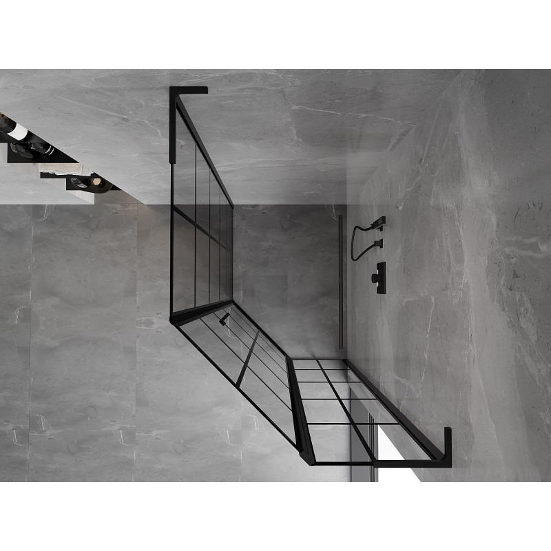 Mexen Mist L asimetriška penkiakampė dušo kabina, pakabinama dešinė 90 x 100 cm, juodas tinklelis, juoda