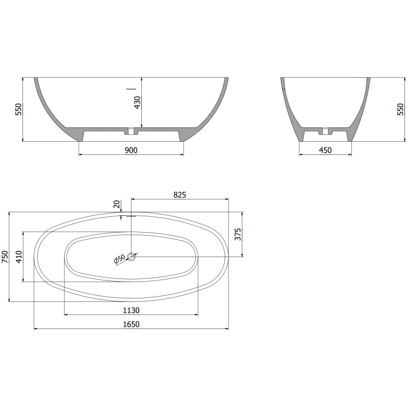 Mexen Bari laisvai pastatoma vonia iš konglomerato 165 x 75 cm, juoda matinė - 57221657570