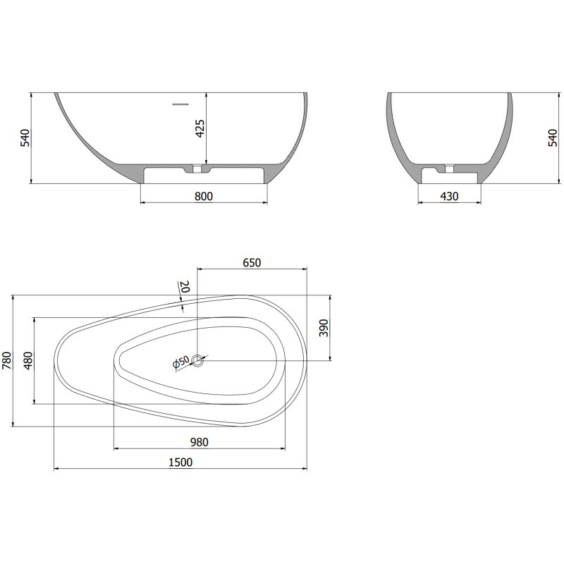 Mexen Palermo laisvai pastatoma akmens masės vonia 150 x 78 cm, balta matinė - 57211507800