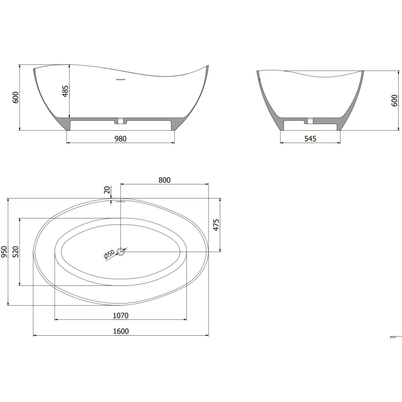 Mexen Parma laisvai pastatoma konglomerato vonia 160 x 95 cm, juoda matinė - 57231609570