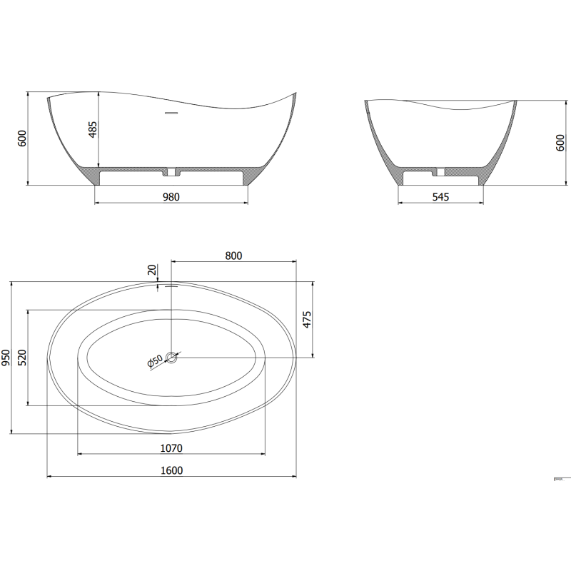 Mexen Parma laisvai stovinti vonia iš konglomerato 160 x 95 cm, balta matinė - 57231609500