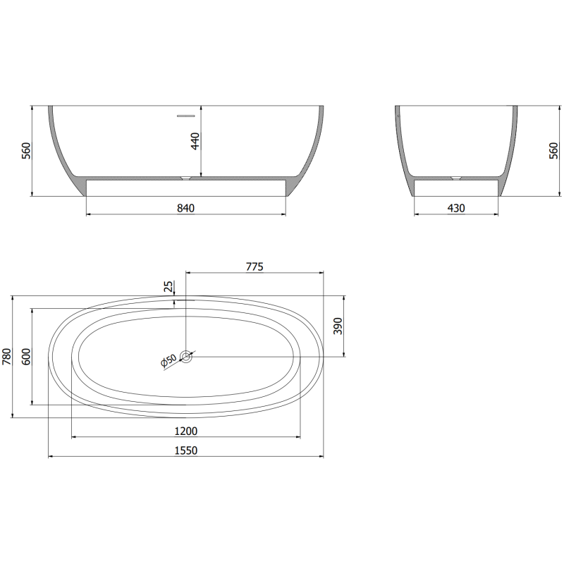 Mexen Torino laisvai pastatoma vonia iš konglomerato 155 x 78 cm, baltas blizgesys - 57271557810