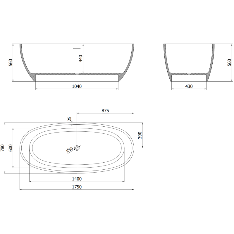 Mexen Torino laisvai pastatoma vonia iš konglomerato 175 x 78 cm, betonas matinis - 57271757861