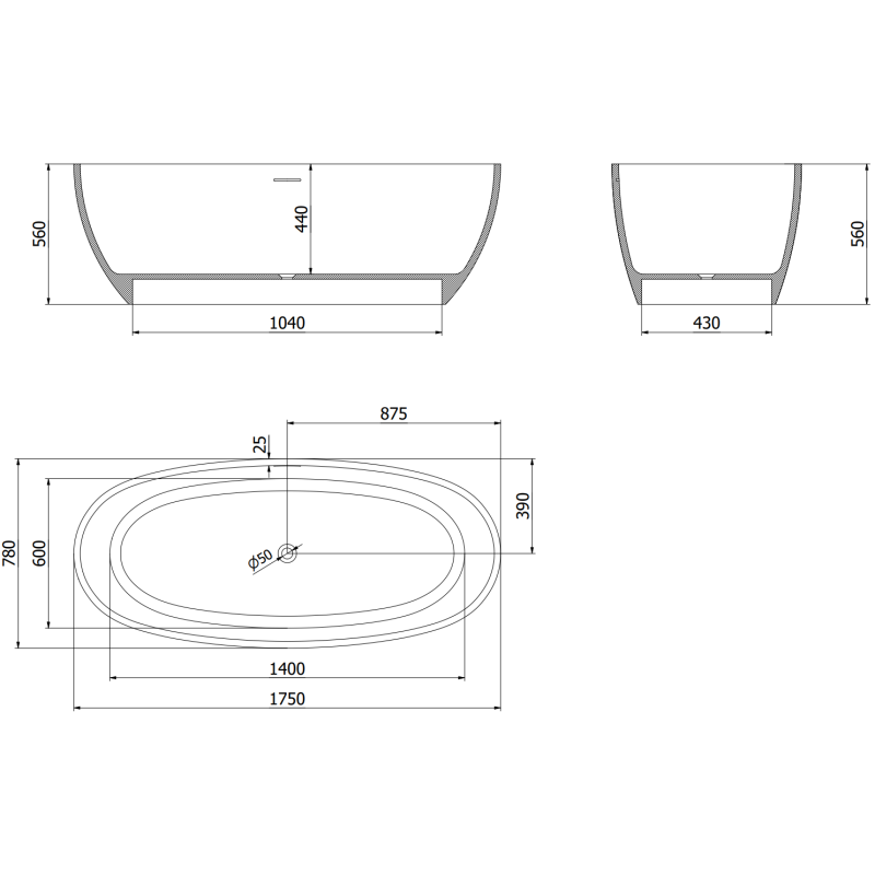 Mexen Torino laisvai pastatoma vonia iš konglomerato 175 x 78 cm, balta matinė - 57271757800