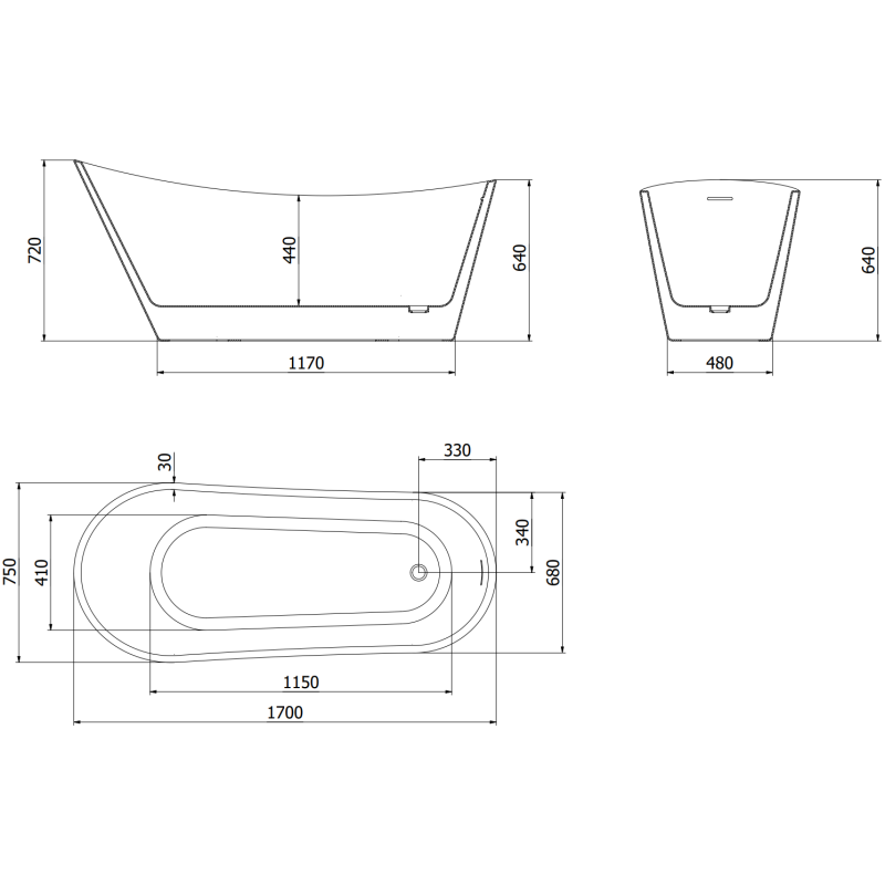 Mexen Alta laisvai stovinti vonia 170 x 75 cm, balta, baltas persipylimas - 52141707500-20