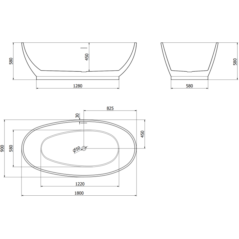 Mexen Bilbao laisvai pastatoma vonia 180 x 90 cm, balta, juodas perpylimas - 51311809000-70
