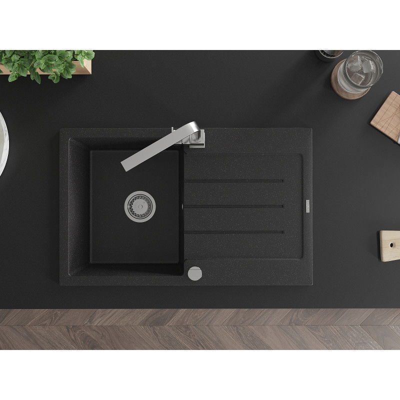 Mexen Bruno granitinė vienos kameros plautuvė su nubėgimo sistema ir virtuviniu maišytuvu Rita, juoda/sidabrinis metalikas