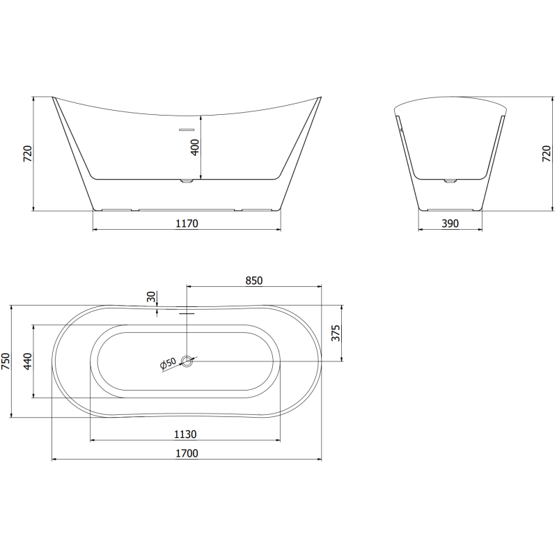 Mexen Celia laisvai pastatoma vonia 170 x 75 cm, balta, chromuota pertekline - 52331707500-01