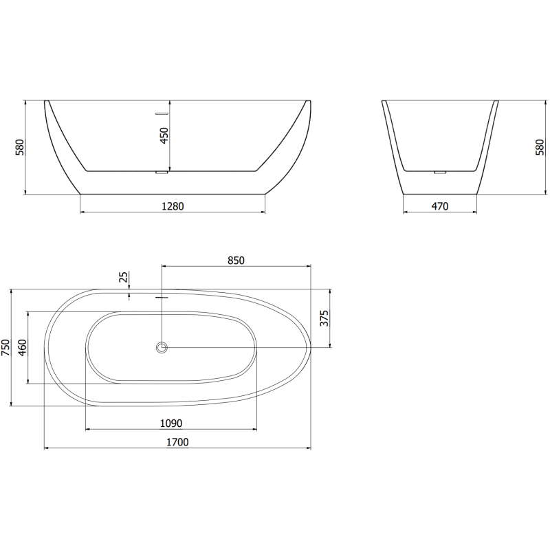 Mexen Eos laisvai stovinti vonia 170 x 75 cm, balta/juoda, perpylimasis gun metal - 52471707575-95