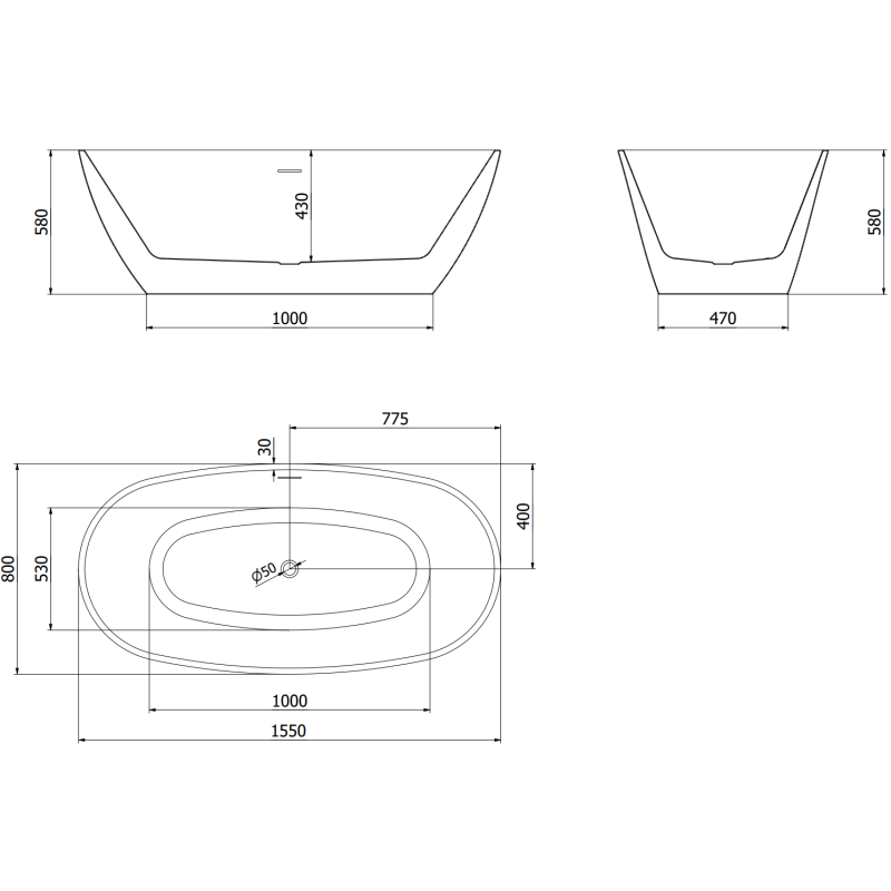 Mexen Eris laisvai pastatoma vonia 155 x 80 cm, balta, perpylimas gun metal - 53441558000-95