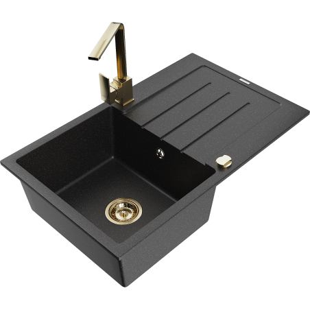 Mexen Bruno granitinė vienos kameros kriauklė su nutekėjimu ir virtuvės maišytuvu Rita, juoda/sidabrinė metaliko