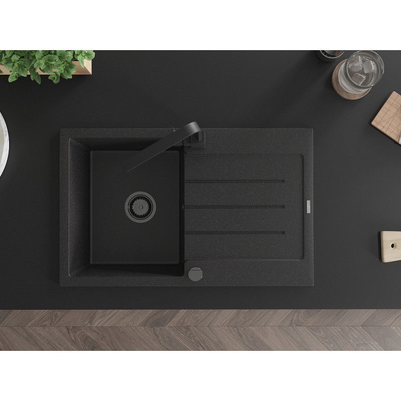 Mexen Bruno granitinė vienos kameros kriauklė su sifonu ir virtuviniu maišytuvu Rita, juoda/sidabrinis metalikas