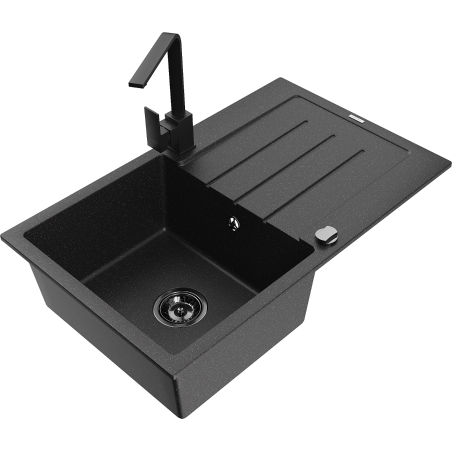 Mexen Bruno granitinė vienos kameros kriauklė su sifonu ir virtuviniu maišytuvu Rita, juoda/sidabrinis metalikas