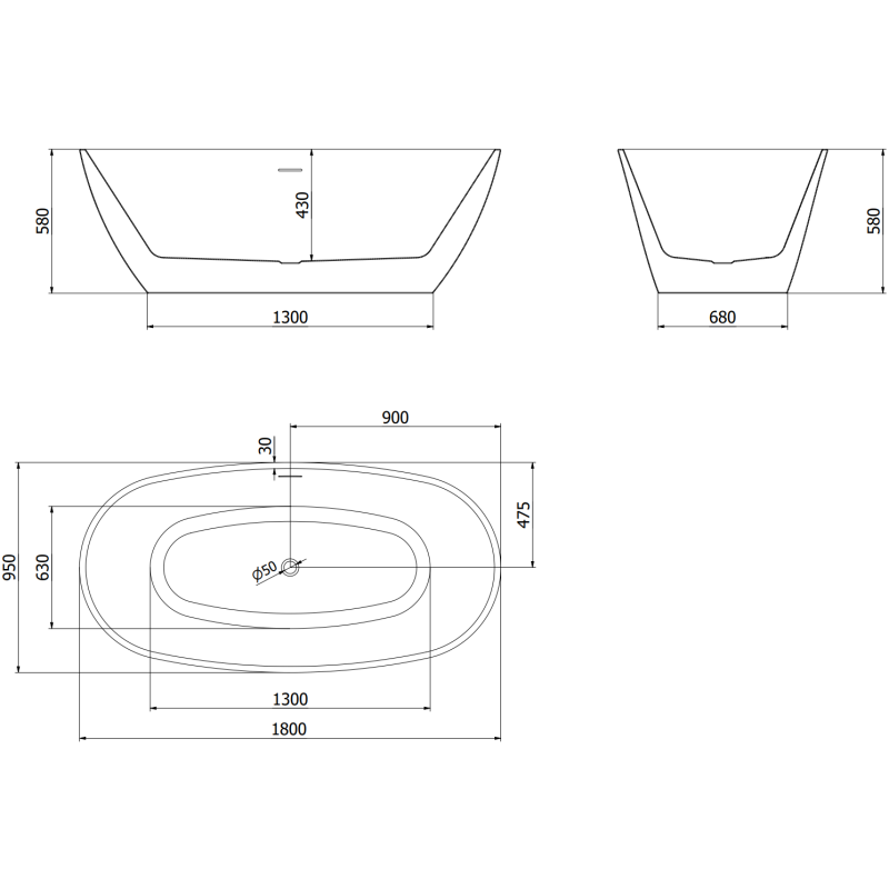 Mexen Eris laisvai stovinti vonia 180 x 95 cm, balta, perpylimas gun pilkas šepečiuotas - 53441809500-66