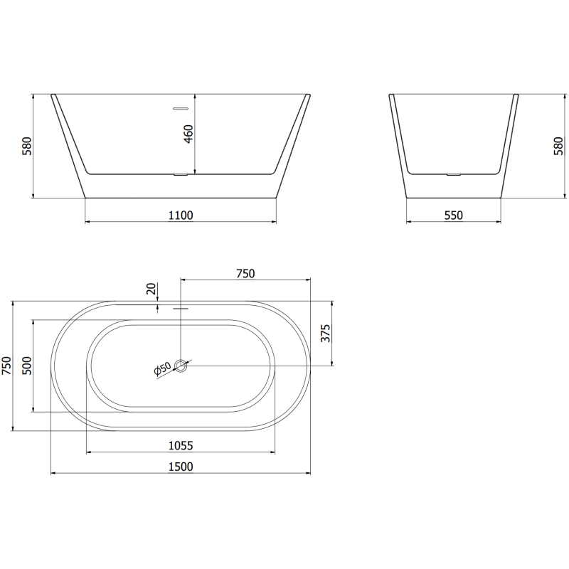 Mexen Flavia laisvai stovinti vonia 150 x 75 cm, balta, su perpylimu gun metal - 54031507500-95