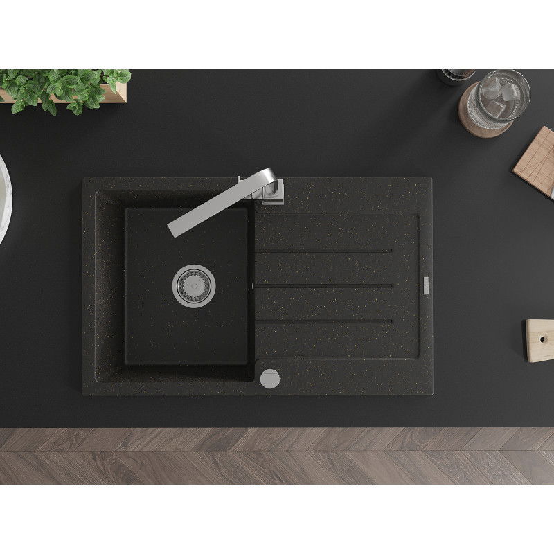 Mexen Bruno granito kriauklė su viena plautuve su indų džiovintuvu ir virtuviniu maišytuvu Rita, juoda/aukso metalo spalva