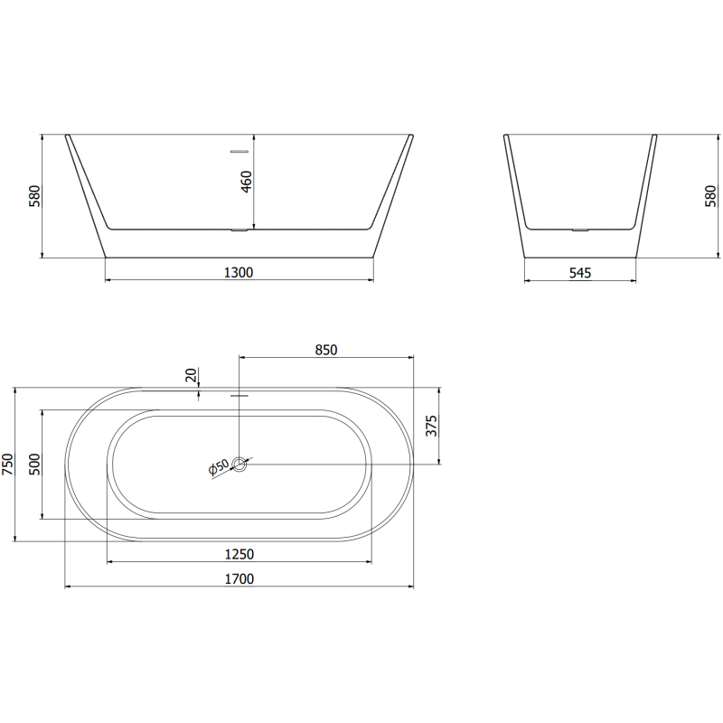 Mexen Flavia laisvai stovinti vonia 170 x 75 cm, balta, šlifuotas varis - 54031708000-65
