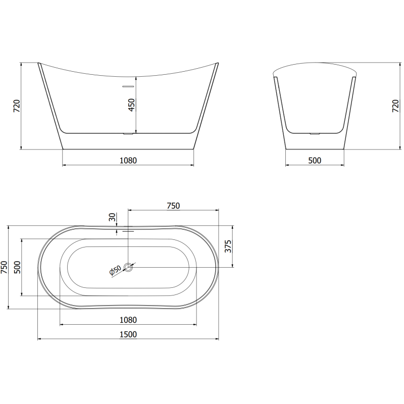 Mexen Montana laisvai pastatoma vonia 150 x 75 cm, balta/juoda, gun metal perlaida - 52011507575-95