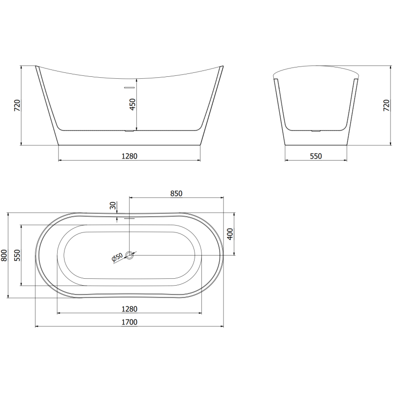Mexen Montana laisvai stovinti vonia 170 x 80 cm, balta, juodas persipylimas - 52011708000-70