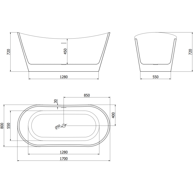 Mexen Montana laisvai stovinti vonia 170 x 80 cm, juoda, auksinė matinė perpylimo anga - 52011708070-55