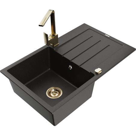 Mexen Bruno granitinė vienos kameros plautuvė su nutekėjimu ir virtuviniu maišytuvu Rita, juoda/auksinė metalo spalva