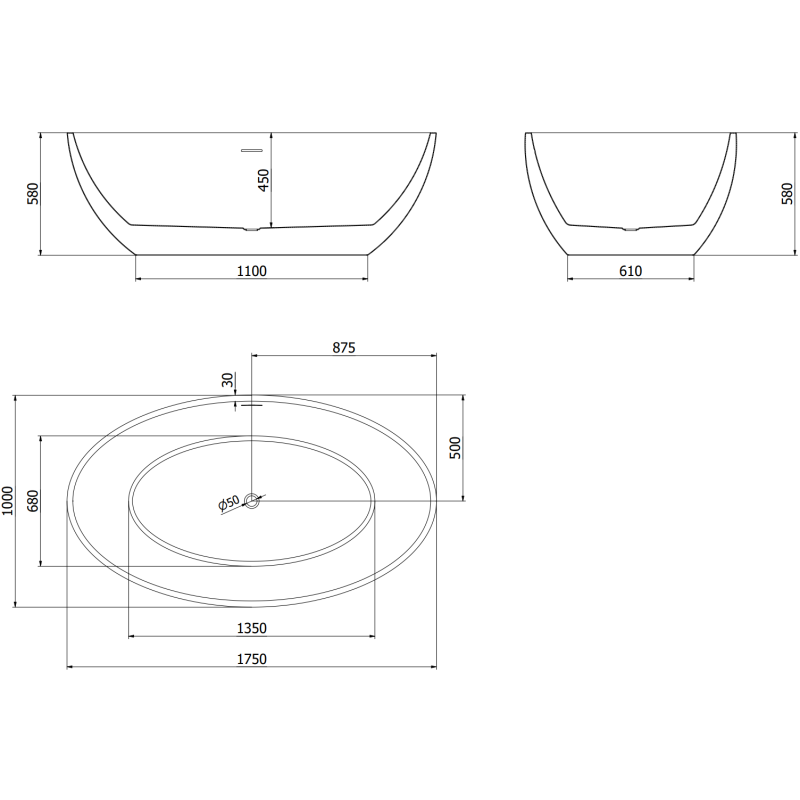 Mexen Nike laisvai pastatoma vonia 175 x 100 cm, balta/juoda, Gun Metal - 54071751075-95