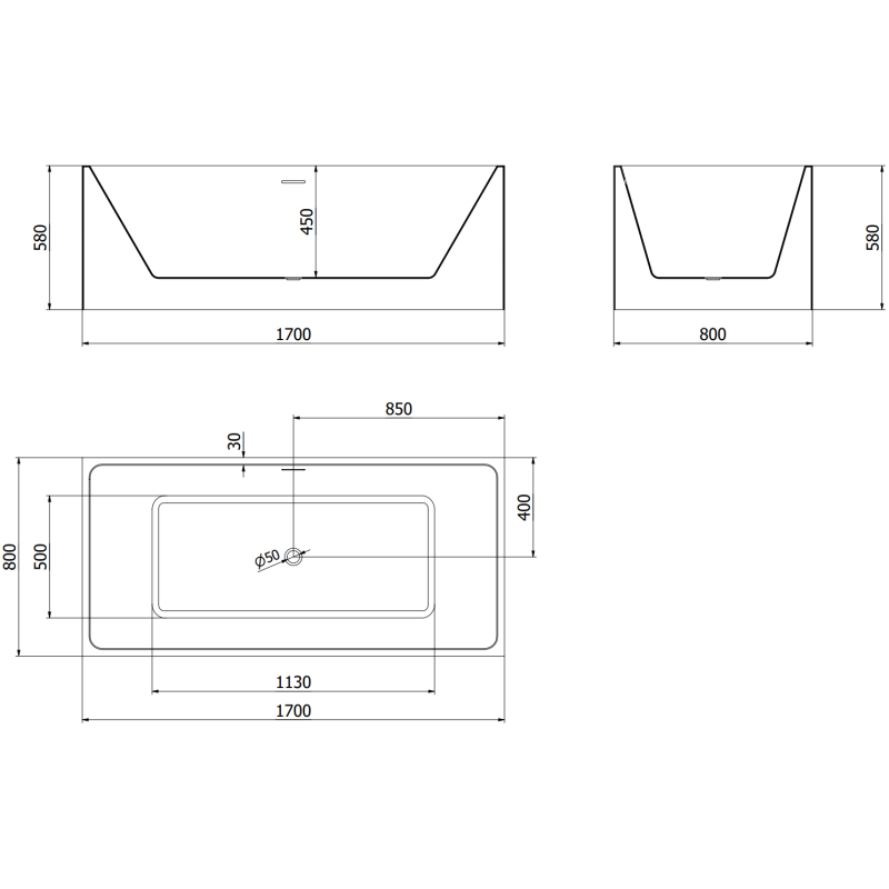 Mexen Nita laisvai stovinti vonia 170 x 80 cm, balta, perpildymo angos gun gray šepečiuotas - 52091708000-66