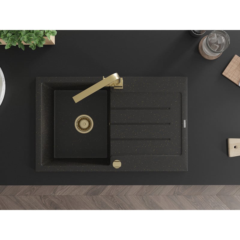 Mexen Bruno granitinė vienos kameros plautuvė su nutekėjimu ir virtuviniu maišytuvu Rita, juoda/auksinė metalo spalva