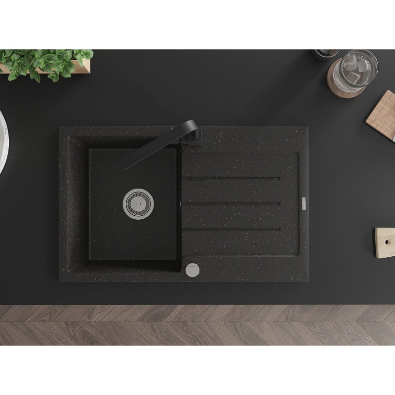 Mexen Bruno 1 skyrių granitinė plautuvė su nusausintuvu ir virtuviniu maišytuvu Rita, juoda/sidabrinė metalo spalva