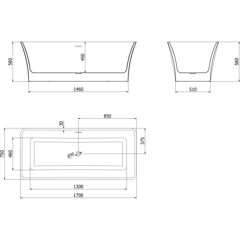 Mexen Tonia laisvai stovinti vonia 170 x 75 cm, balta, perpylimas gun metal - 52171707500-95