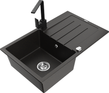 Mexen Bruno 1 skyrių granitinė plautuvė su nusausintuvu ir virtuviniu maišytuvu Rita, juoda/sidabrinė metalo spalva