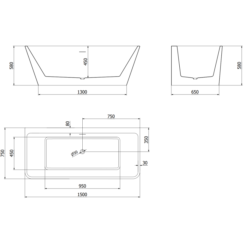 Mexen Volta laisvai pastatoma vonia prie sienos 150 x 75 cm, balta, perpilim gun metal - 51131507500-95
