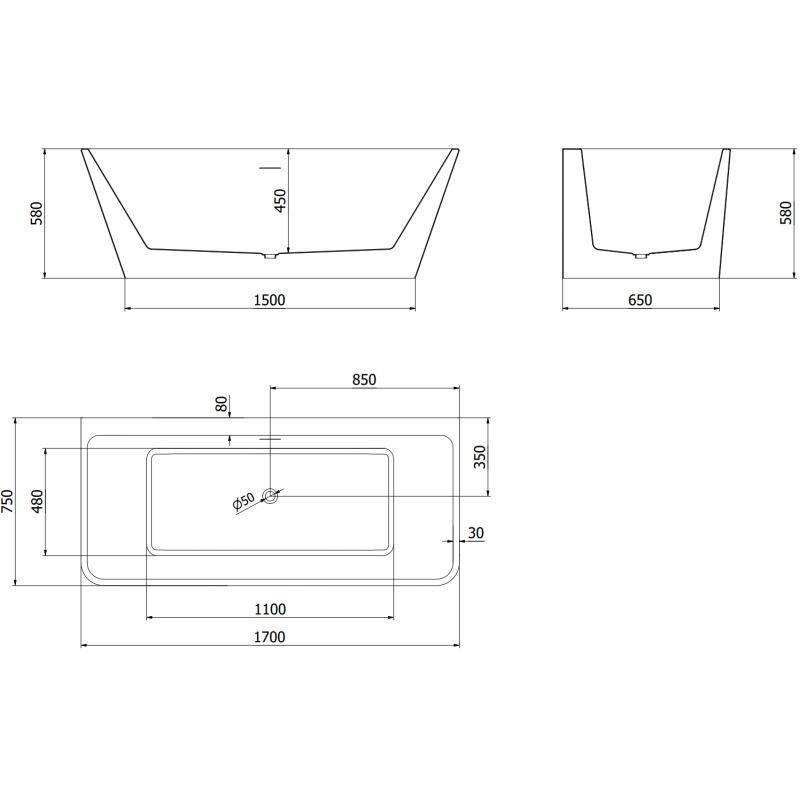 Mexen Volta laisvai pastatoma prie sienos vonia 170 x 75 cm, balta, matinis nikeliuotas perpylimas - 51131707500-97