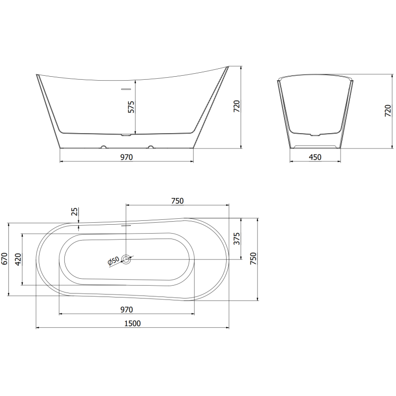 Mexen Dora laisvai stovinti vonia 150 x 75 cm, balta/juoda, gun gray šlifuotas perleidimas - 52071507575-66