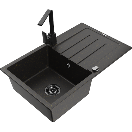 Mexen Bruno granitinė vienos kameros kriauklė su drenažu ir virtuviniu čiaupu Rita, juoda/auksinis metalikas